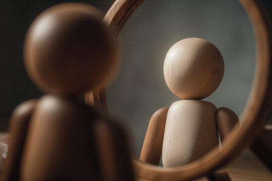Wooden figure looking into mirror reflecting brighter version of itself, symbolizing transformation, confidence, and realization of inner potential and positive mindset 