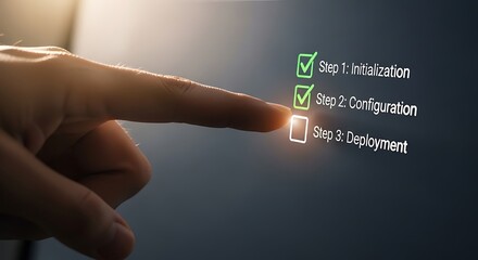 Close up of a finger selecting an option from a digital checklist on a dark screen