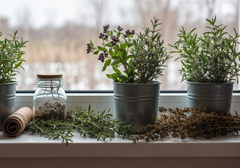 Fresh herbs in pots on window sill with rustic decor elements  