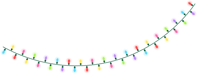 6色の電球でカラフルなクリスマスライト（String lights）の背景透過イラスト。点灯している・深いカーブバージョン。電線の細かい形状を再現している。
