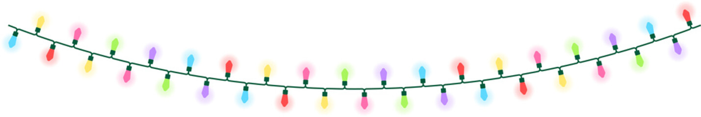 6色の電球でカラフルなクリスマスライト（String lights）の背景透過イラスト。点灯している・ゆるいカーブバージョン。電線の細かい形状を再現している。