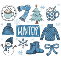 Cute Cartoon Winter Elements Collection With Snowman Scarf Hat Sweater And Hot Chocolate snowflake