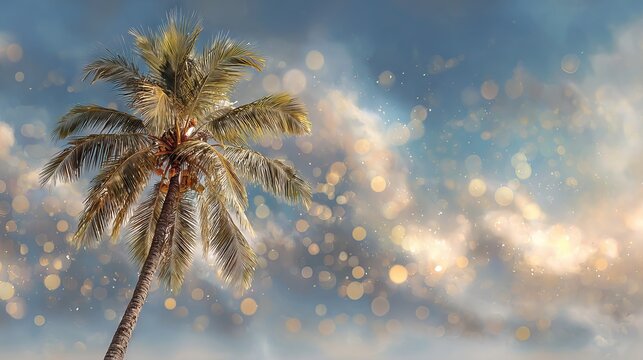 Tropical palm tree with colorful bokeh sunlight and soft sky clouds in an abstract dreamy background travel adventure nature vacation paradise island summer landscape warm glow wanderlust vibe
