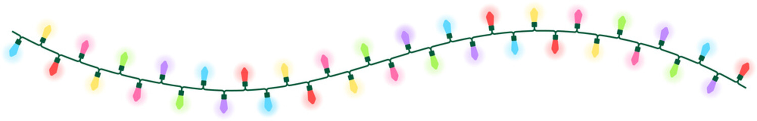 6色の電球でカラフルなクリスマスライト（String lights）の背景透過イラスト。点灯している・S字カーブバージョン。電線の細かい形状を再現している。