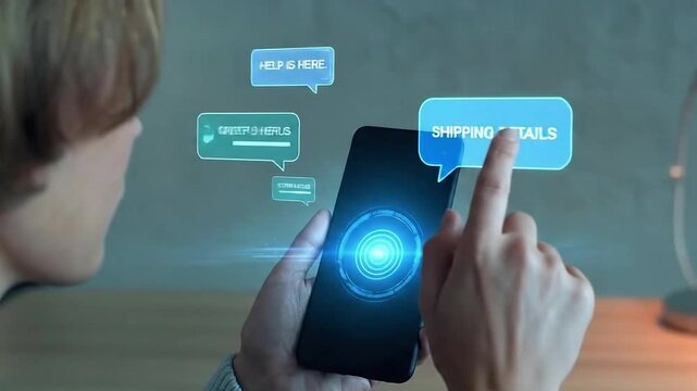 Artificial intelligence help on smartphone, customer service concept.