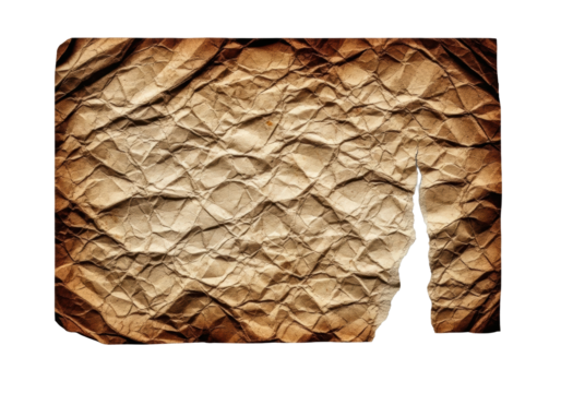 Extreme close-up macro of deeply crumpled, creased, aged paper with umber, ochre, sepia tones, jagged tear, visible fibers, watermarks on transparent, concept of vintage authenticity