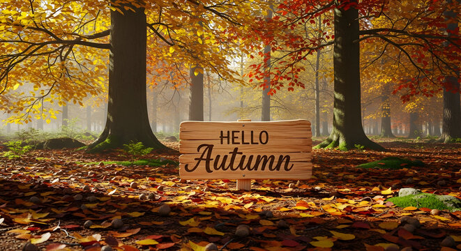 A serene autumn forest scene with colorful fallen leaves and a small sign reading Hello Autumn in the center 72699589 1