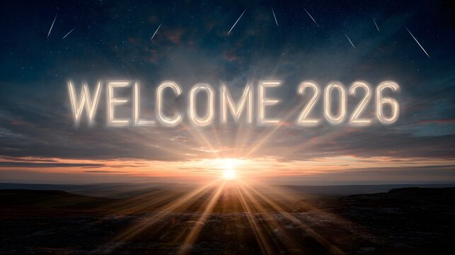 Dramatic welcome 2026 new year celebration with starry night and radiant sunrise landscape