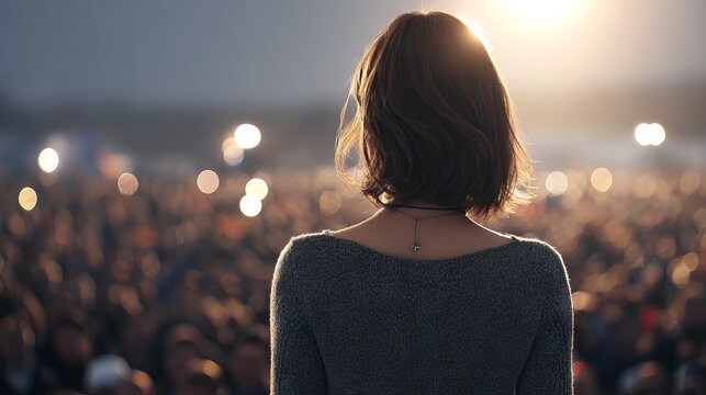 Confident woman addressing audience on stage at a live concert rear view with microphone bright stage lights crowd bokeh empowering public speaking music event performance inspirational night scene