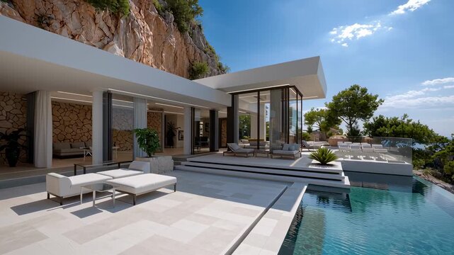 A luxurious modern villa with a pool overlooking the sea, boasting a stunning contemporary design. The house features floor-to-ceiling windows and ample outdoor spaces
