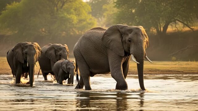 Herd of elephants walking through shallow river water at sunset with trees in background