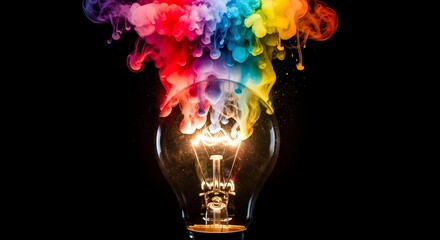Bright idea concept glowing light bulb exploding with vibrant rainbow colored smoke on black background