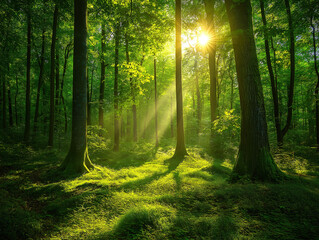 Fototapeta premium Eco-Rich Green Forest with Glowing Light Depicting Natural Preservation