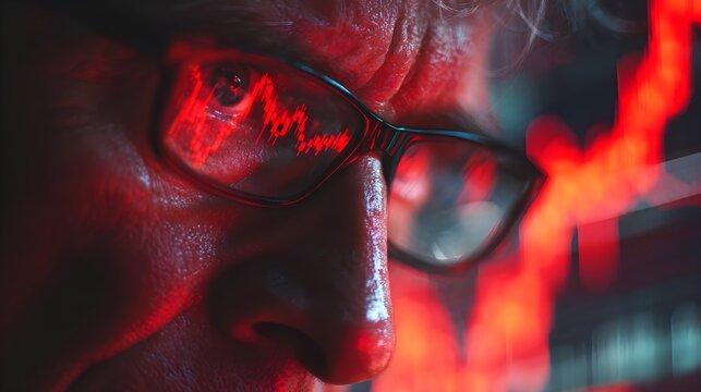 Intense financial data analysis reflected in glasses, market crash concept, red stock chart, worried investor - Powered by Adobe