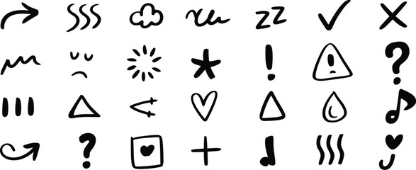 Hand Drawn Doodle Symbols, Arrows, Icons, and Shapes in Black Ink on White