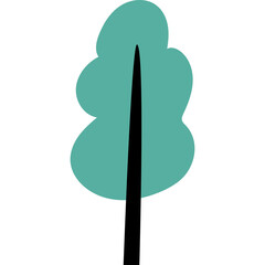 Simple cartoon tree with teal green foliage and black trunk against a transparent white background in flat design style © Alfa