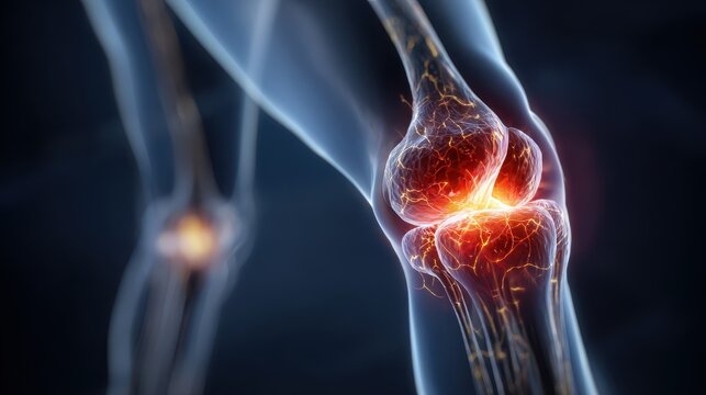 Knee joint showing symptoms of pain and inflammation in a close-up view with glowing effects emphasizing discomfort