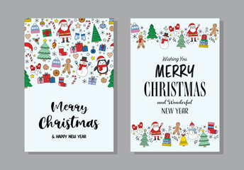 Set with Christmas greeting cards with cartoon characters and decorations. Vector illustration