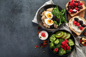 Breakfast superfoods, vegetarian food concept. Healthy lifestyle.