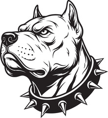 Fierce Pitbull dog head mascot with a spiked collar in a black and white vector illustration style.