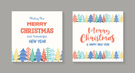 Colourful Christmas tree greeting card collection. Hand drawn decorations. Vector illustration