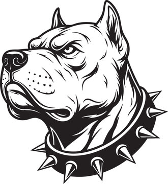 Fierce Pitbull dog head mascot with a spiked collar in a black and white vector illustration style.