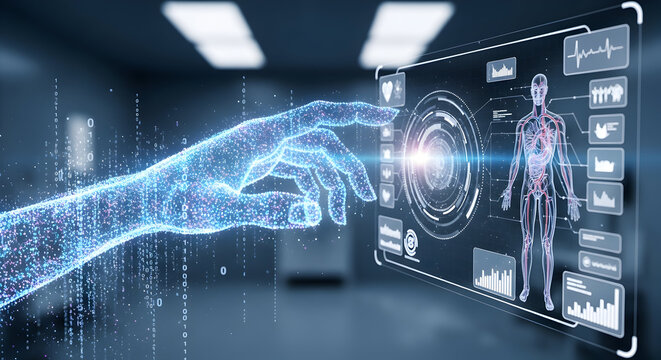 Virtual Digital hand of Artificial Intelligence AI. Healthcare technology and innovation concept. Hologram. 3d rendering 58718780 1 - Powered by Adobe