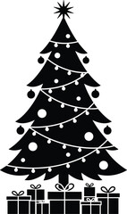 Decorated Christmas Tree Silhouette Vector Icon Presents Gifts Beneath Holiday Festive Season Symbol Conifer Garland Ornament Bauble Star Topper Isolated Black Graphic.