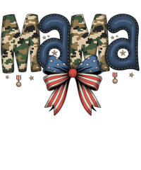 Mama text with camouflage pattern and American flag bow on white background digital camo