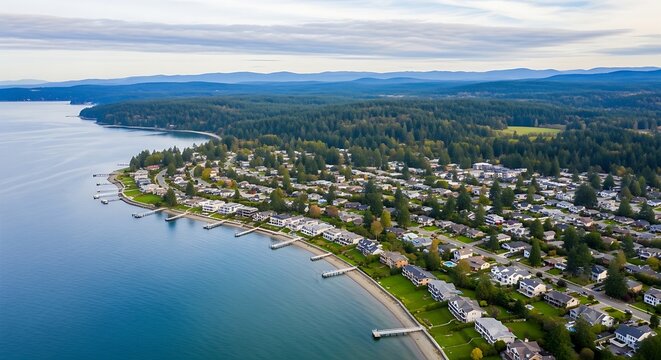 An aerial photo of a serene bayside town where large houses with docks meet a calm sea and forested hills.