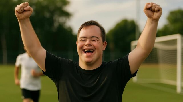 A joyful moment captured in a medium shot, showing a man celebrating on a soccer field. The video conveys triumph and happiness in a natural setting.