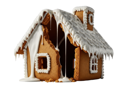 Ultra close-up macro of deconstructed gingerbread house, broken wall showing crumbly interior, dripping glossy white icing, sugar sprinkles, on transparent background, concept of festive culinary