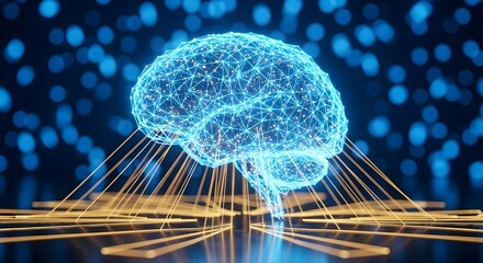 Glowing blue digital brain with glowing neural pathways and abstract blue bokeh background