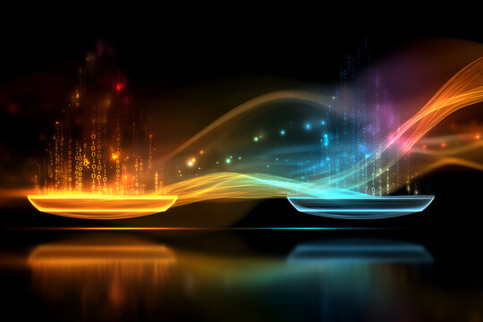 Abstract contrast of data streams, one orange and one blue, balancing on illuminated platforms with flowing energy, symbolizing data comparison and digital flow.