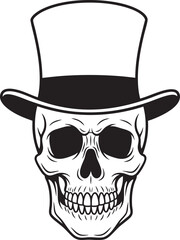 Menacing gentleman skull illustration wearing a classic black top hat.
