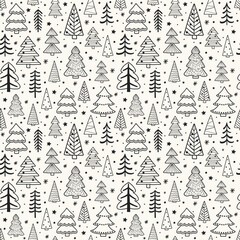 Colourful Christmas tree pattern with hand drawn decorations. Holiday background design. Vector illustration