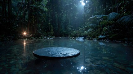 Mystical rainforest scene with dark water and stone platform for product presentation, moody atmosphere