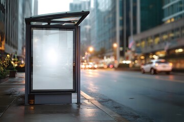Bus stop ad mockup, city background. High quality photo