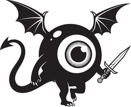 Monochromatic oneeyed monster with bat wings an arrow tail and a dagger.