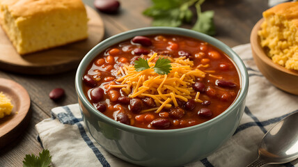 Bowl of chili topped with shredded cheese and cilantro, served with cornbread on a wooden table