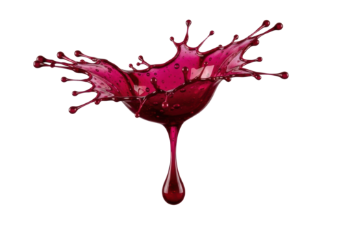Deep crimson ink splatter and suspended drip, glossy wet sheen, intricate tendrils, isolated on transparent background, dramatic studio lighting, frozen liquid dynamics concept
