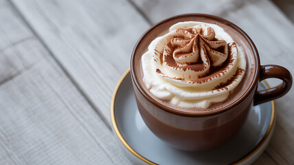 A cup of hot chocolate topped with whipped cream and cocoa powder swirl, served on a wooden table