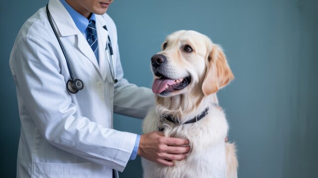 Veterinarian Caring For Golden Retriever In Clinic