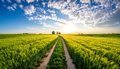 Naklejka premium A sunlit field with a dirt road under a bright, cloudy sky