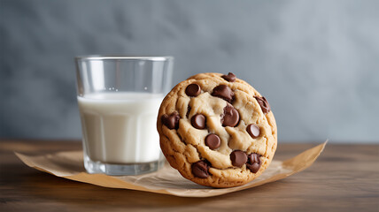 A chocolate chip cookie and a glass of milk on a wooden table with parchment paper