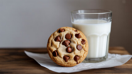 A chocolate chip cookie next to a glass of milk on a wooden surface