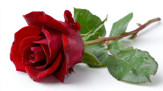 This single red rose with stem and leaves conveys feelings of love and passion. It is symbol of romance and beauty, isolated on white background