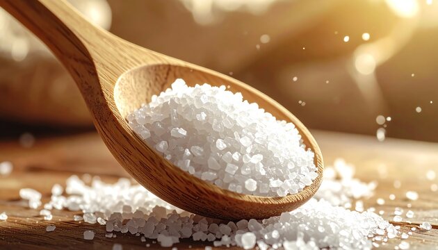 Coarse Sea Salt Crystals in Wooden Spoon, Rustic Ambiance