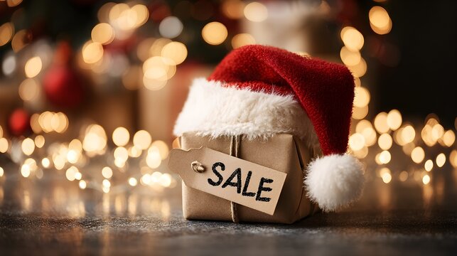 Festive Christmas gift with Santa hat and sale tag, holiday shopping promotion concept