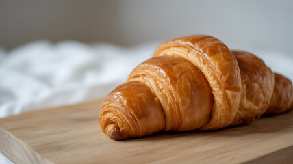 Freshly baked croissant on a wooden cutting board with soft background